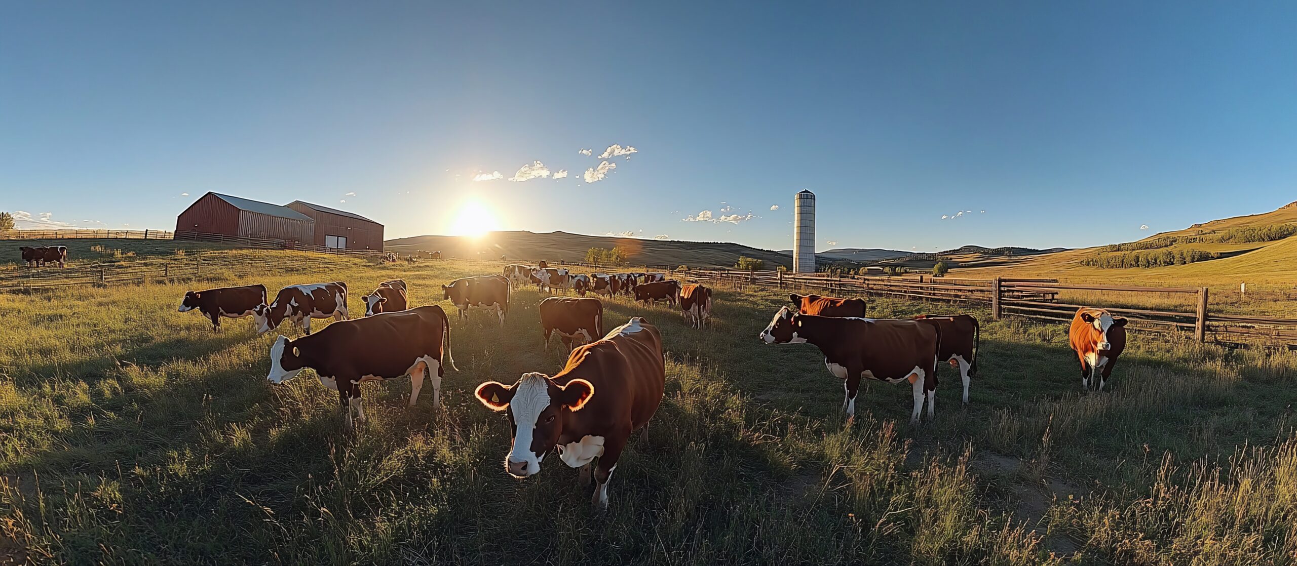 Cows grazing in a sunlit pasture at sunset, with a barn and silo in the background